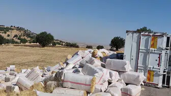 Çermik'te saman yüklü kamyon devrildi: Yol kısa süreliğine kapandı, yaralanan yok