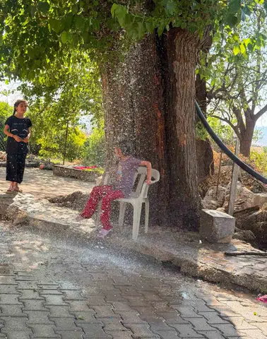 Diyarbakır Çermik'te termometreler yükselince mahalleli ağaçtan su sistemi kurdu