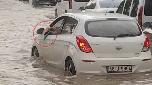 Diyarbakır'da sağanak yağış sonrası ilginç anlar: Otomobiline dolan suyu bardakla boşalttı