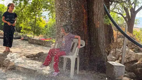 Diyarbakır Çermik'te termometreler yükselince mahalleli ağaçtan su sistemi kurdu