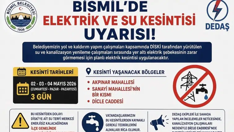 Diyarbakır'ın ilçesinde 3 gün elektrik ve su kesintisi yaşanacak