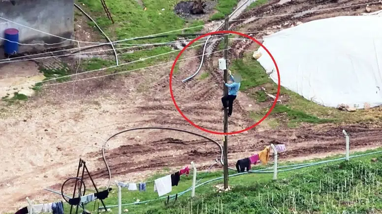 Diyarbakır'da kaçak elektrik kullanan vatandaş drona yakalanınca direğe tırmandı