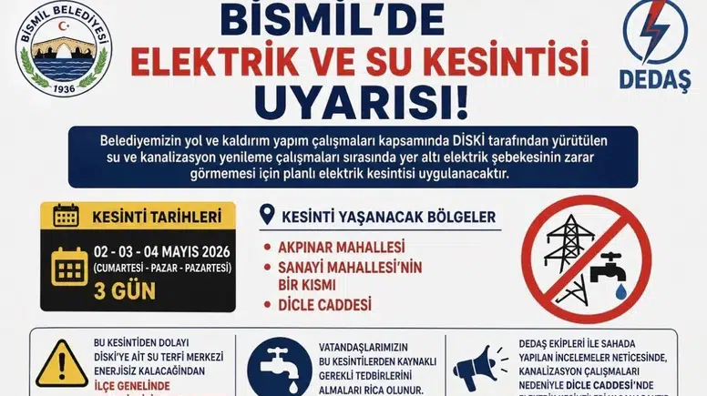 Diyarbakır'ın ilçesinde 3 gün elektrik ve su kesintisi yaşanacak