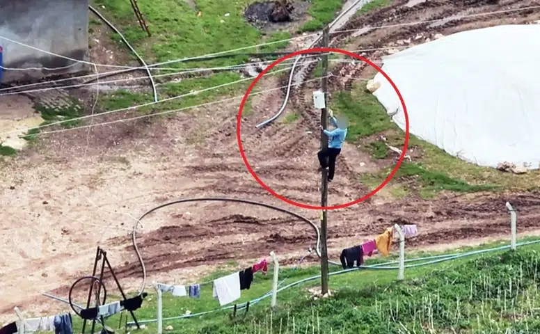 Diyarbakır'da kaçak elektrik kullanan vatandaş drona yakalanınca direğe tırmandı