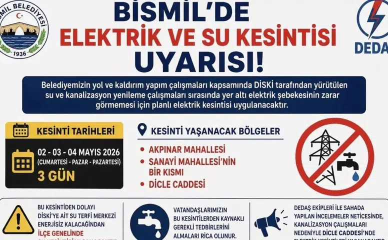 Diyarbakır'ın ilçesinde 3 gün elektrik ve su kesintisi yaşanacak