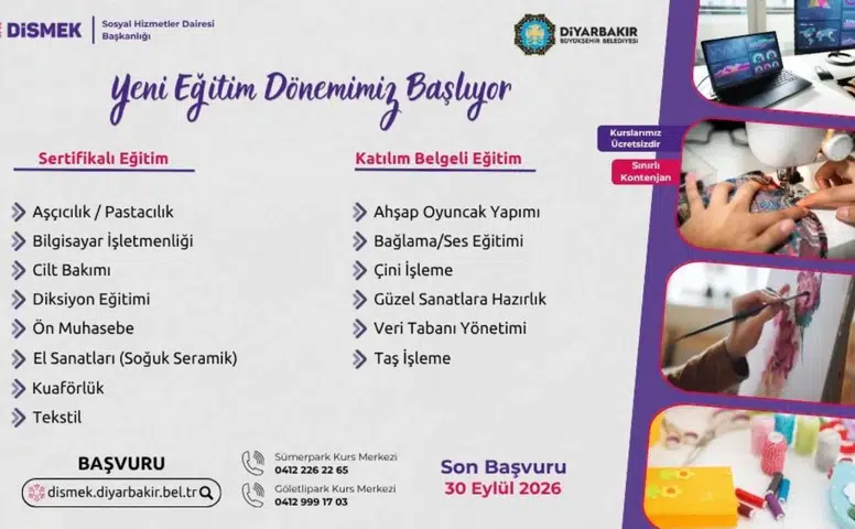Diyarbakır'da DİSMEK'in ücretsiz kurslarına başvurular başladı: Son tarih 30 Eylül
