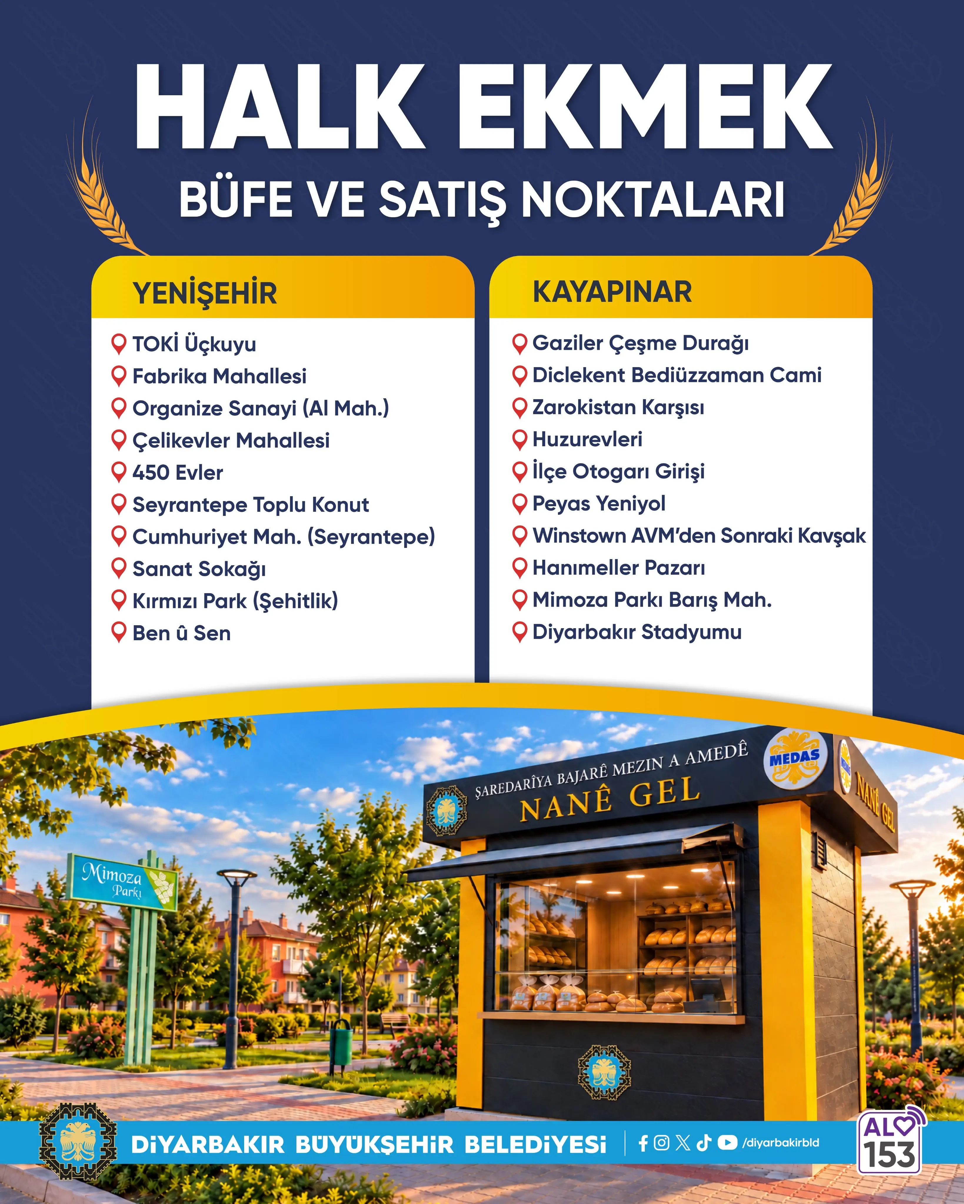 Lacivert afişte “Halk Ekmek Büfe ve Satış Noktaları” başlığı bulunuyor. Altında Yenişehir ve Kayapınar ilçelerindeki onar satış noktası, kırmızı konum simgeleriyle listeleniyor. Alt bölümde park içinde, vitrininde ekmekler bulunan “Nanê Gel” büfesinin görseli yer alıyor. En altta Diyarbakır Büyükşehir Belediyesi logosu ve ALO 153 simgesi bulunuyor.