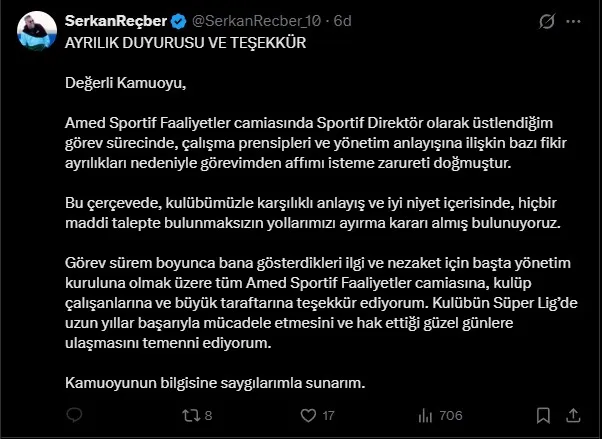 Amedspor’da Serkan Reçber ile yollar ayrıldı Yönetim anlayışında fikir ayrılığı yaşandı