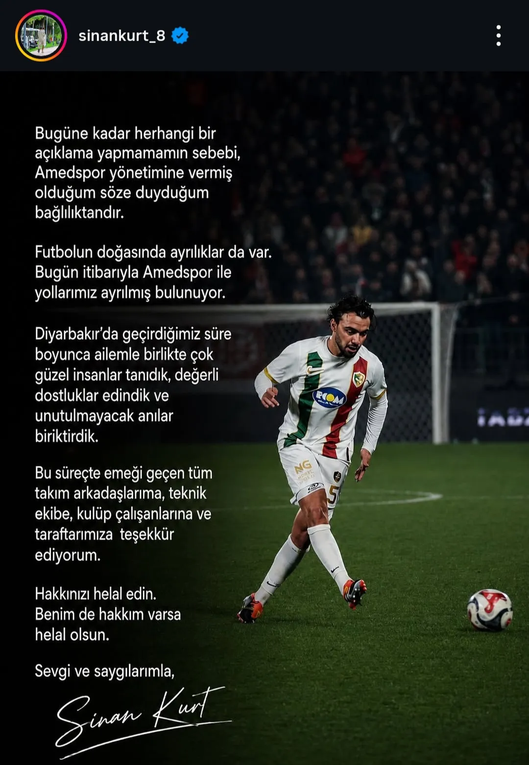Amedspor’da beklenen ayrılık gerçekleşti Sinan Kurt veda ettiğini duyurdu